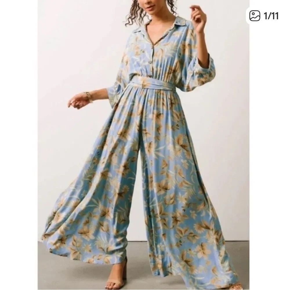 Baltic Born Escondido Floral Wide Leg Jumpsuit Blue Floral